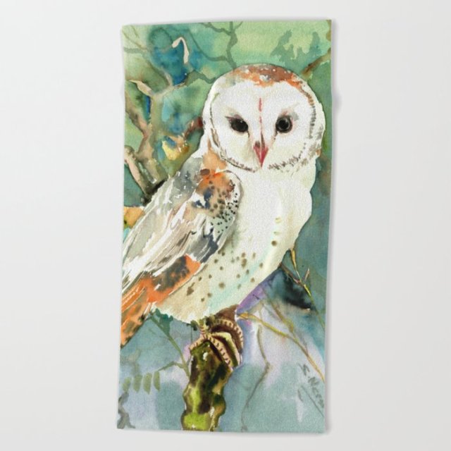 Night Owl Keepers Currates Barn Owl, woodland design owl Beach Towel by sureart